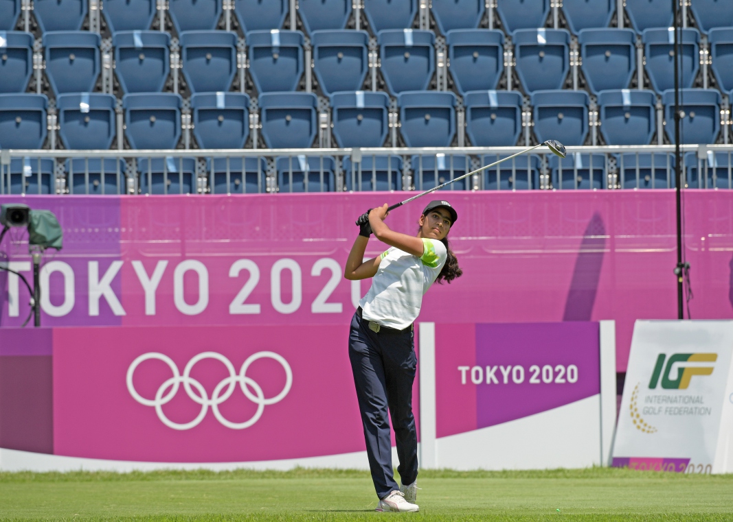 Diksha Dagar pada putaran pertama Olimpiade Tokyo 2020.